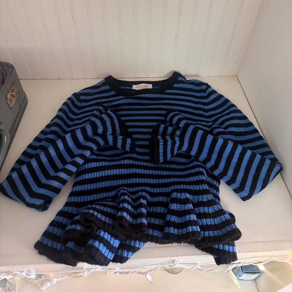 Michael Kors Collection Cashmere Peplum Sweater Blue Black Stripe Ruffle